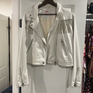 Faux White Leather Jacket with Rhinestone Fringe